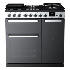 Rangemaster EDDL90DFGBLK/CM1 Edge Deluxe 90cm Dual Fuel Range Cooker, Black Glass/Chrome